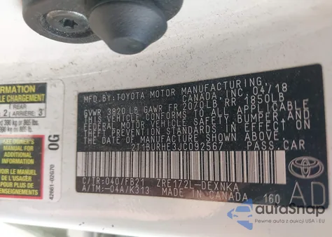 2018 Toyota Corolla Le из США, поврежденный, VIN 2T1BURHE3JC092567